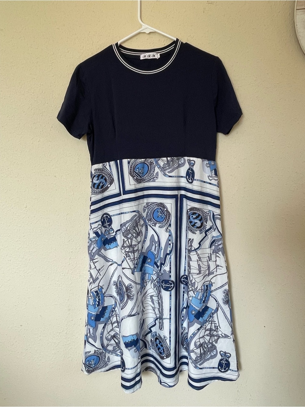 Navy & White Graphic Midi Dress with Short Sleeves